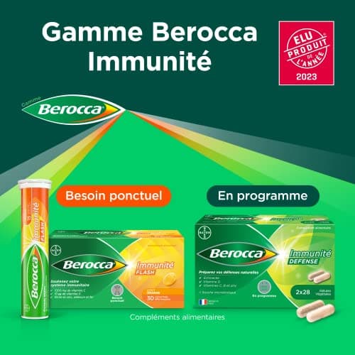 Berocca® Immunité Flash - Soutient le système immunitaire - Formule concentrée - Vitamines & minéraux - Vitamine C, D - Zinc -Sélénium - Fer - Complément alimentaire - 2X30 cp effervescents