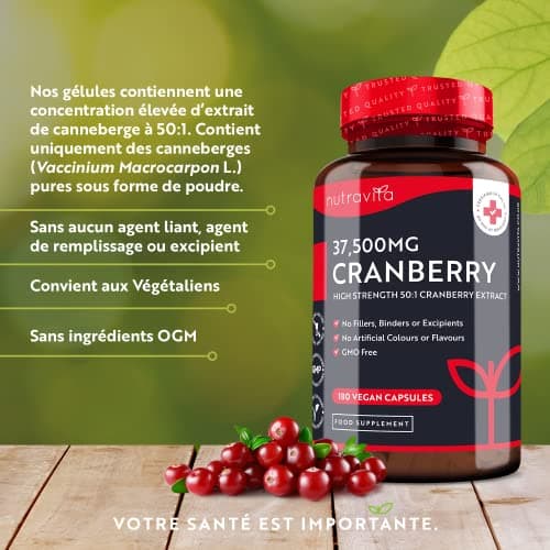 Canneberge Gélules Haute Résistance 37500 mg - 180 gélules Végan - Approvisionnement de 2 mois - Supplément d'Extrait de Canneberge Pur 50:1 - Fabriqué au Royaume-Uni par Nutravita