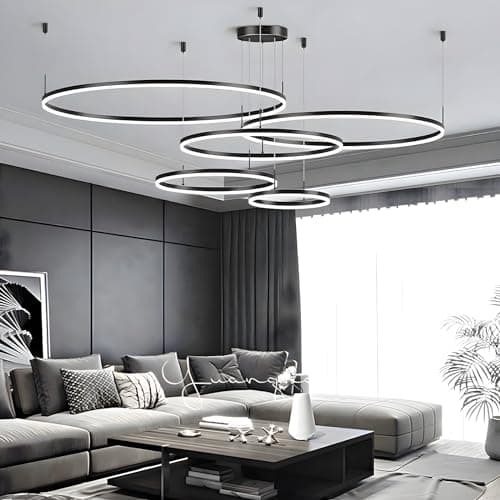 YYUTLUO Lustre LED Moderne DIY Cercle | 5 Noire Anneaux :20+40+60+80+100cm=130W | Éclairage Suspendu LED Métal+Acrylique Télécommande Intensité Variable 2,4G Lampe Suspendue Plafond Ronde Salon