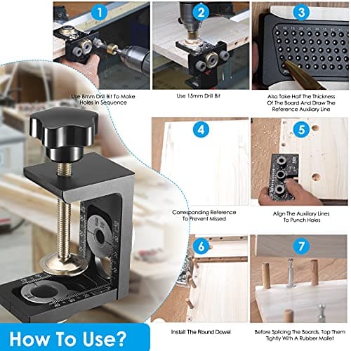 Helangel 8/10/15 mm Gabarit de perçage, kit de guide de perçage en bois 3 en 1 avec clip de positionnement, localisateur de guide de perçage réglable et échelle