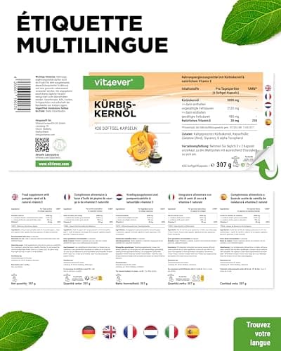 Huile de pépins de courge - 420 capsules - 3000 mg par portion journalière - Avec vitamine E naturelle - Hautement dosée - Naturelle et pressée à froid