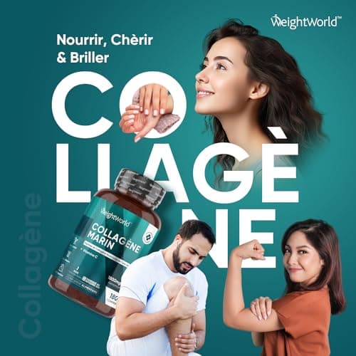 COLLAGENE MARIN Type 1-3 + Vitamine C 180 Comprimés Purs & Naturels - Alternative aux Gellules Collagène Marin Hydrolysé - 1836mg Collagène & Vitamine C - Hydratation de la Peau, Os & Articulations