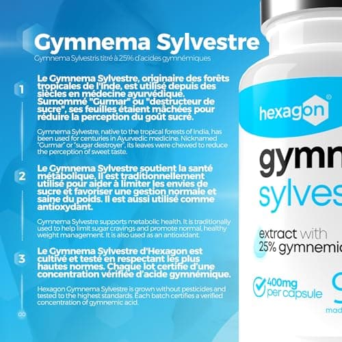 Gymnema Sylvestre 400mg - Jusqu’à +3 Mois de Cure - Soutien Naturel - Gestion des Envies Sucrées - Made in France - 90 Gélules Végétales - Vegan - Hexagon