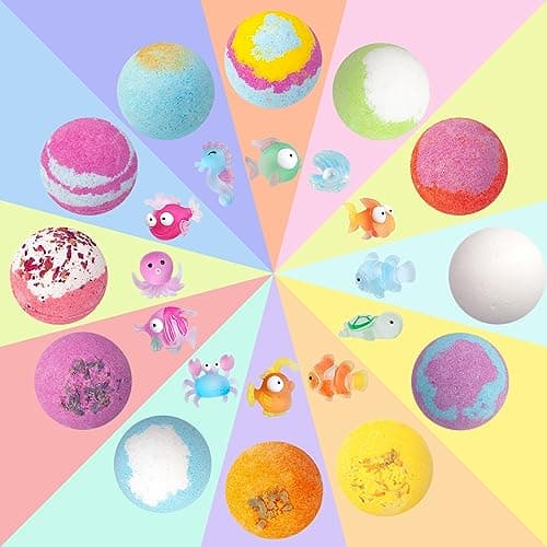 12pcs Bombes de Bain pour Enfants avec Jouet Surprise à l'intérieur, Bombes de Bain Moussantes Organiques Naturelles pour Filles et Garçons, Saint Valentin, Fête des Mères, Cadeau D'anniversaire