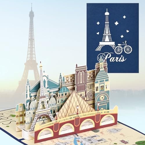 joyoldelf Carte Voeux de Voyage Pop Up - Carte Anniversaire 3D, Carte Retraite, Cadeau Voyage Vacances, Billet Avion, Convient Aux Hommes, Femmes, Amis, Voyage, Lune De Miel(Tour de Paris)
