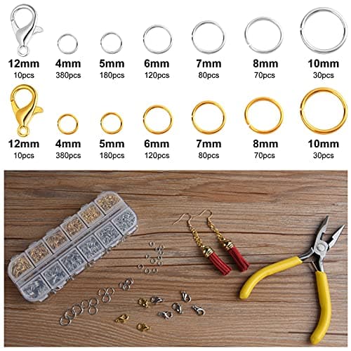 FEPITO 1540 pièces anneaux de saut ouverts anneaux de saut pour fournitures de fabrication de bijoux Kit de réparation de bijoux en or argent avec fermoirs à homard