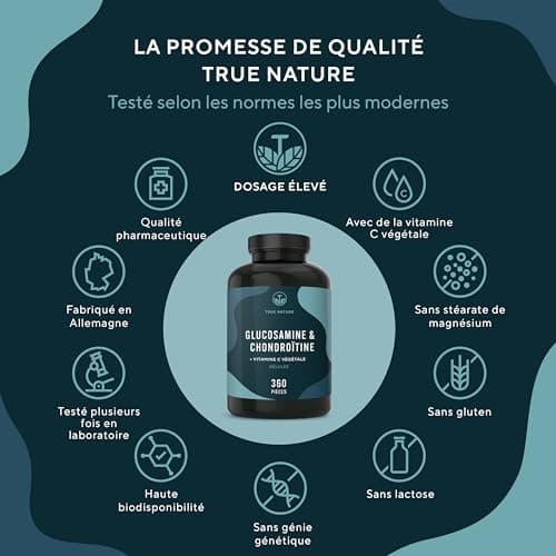 Glucosamine & Chondroïtine, Vitamine C - 1580mg - Santé des Articulations & Formation du Cartilage - 360 Gélules - Qualité Pharmaceutique - SANS: Additifs, Gluten & Lactose - TRUE NATURE