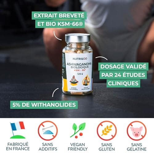 NUTRI & CO Ashwagandha BIO KSM-66® - Dosage Clinique 600mg - Extrat Fort 5% Withanolides - 120 gélules Vegan - Anti Stress Naturel - Aide Sommeil & Musculation - Extrait 100% Pur - Fabriqué en France