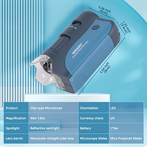 Microscope de Poche 60x-120x, Mini Microscope Portable avec Zoom éclairé par LED, 5 Lames de Microscope préparées, Microscope Portable pour Les Enfants, Les étudiants, l'observation microbiologique