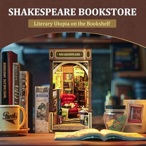 ROBOTIME Book Nook Kit avec Lumières LED, Booknook Puzzle 3D en Bois Livre Décoration de la Chambre Noël Anniversaire Cadeaux pour Filles Femme - Shakespeare's Bookstore