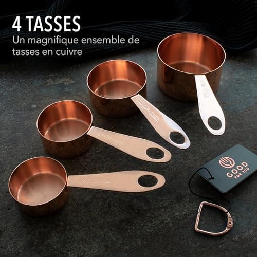 Lot de 9 pièces de tasses et cuillères à mesurer de cuisine et pâtisserie, en acier inoxydable cuivre chromé, avec mesures gravées, pour ingrédients secs ou liquides