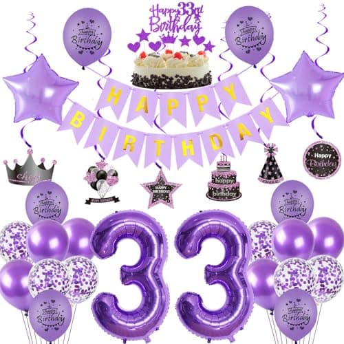 Décoration d'anniversaire 33 ans, pour femme, avec ballons, guirlande Happy Birthday, décoration de gâteau 33 ans, pour femme, violet