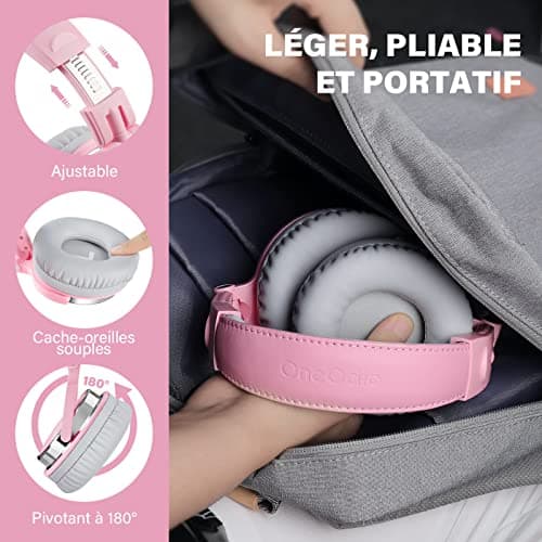 OneOdio Casque Audio Filaire DJ Piano Guitare avec Micro, Hi-Res Audio Extra Basse Son, Léger Confort Pliable Casque avec Share-Port, 2 Prise Jack, Headphone PC Studio Monitor AMP Pro-10(Rose Gris)