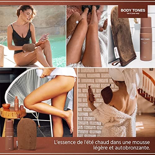 Body Tones mousse autobronzante, autobronzant pour peaux foncées hydratant et anti-âge, mousse autobronzante bronzage naturel sans exposition au soleil (155 + Gant, Peau foncée)