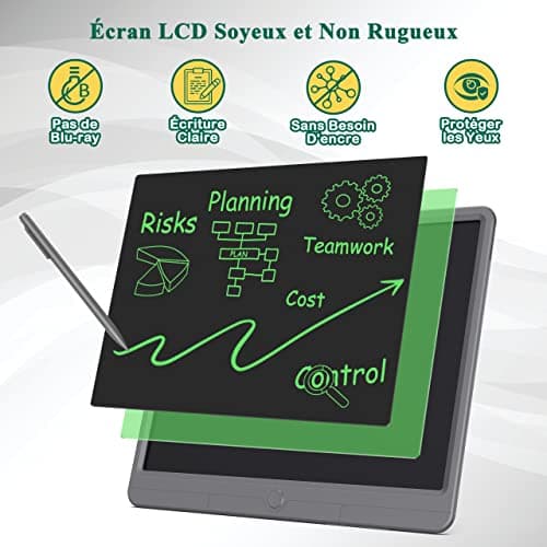 TUGAU Tablette D'écriture LCD Adulte 15 Pouces Doodle Dessin Pad Effaçables Tablette Dessin Enfant et Tablette Magique Manuscrite, pour Outils Bureau, Mémo et Peinture (Gray)
