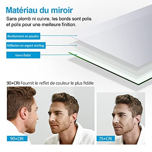Heilmetz Miroir Salle de Bain 80 x 60 cm, Miroir Salle de Bain avec eclairage, Interrupteur Tactile, Anti-buée, Horloge, Bluetooth, Miroir LED avec Loupe 3X, Fonction Mémoire, IP44