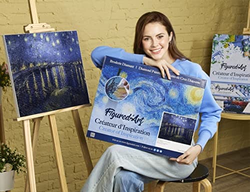 Figured’Art Diamond Painting Broderie Diamant 40x50cm Avec Cadre Toile Tendue Strass Perles Carrés - Van Gogh Nuit Etoilée sur le Rhone - Kit Complet 5D DIY Activité Manuelle Loisirs Créatifs Adultes