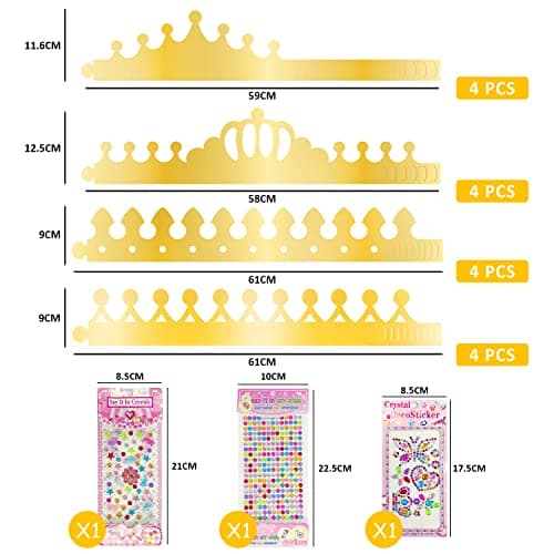 16pcs chapeaux de couronne de papier de fête d'or avec 111pcs autocollants de diamant de lettre de nombre coloré de paillettes super, chapeaux d'anniversaire de fournitures de fête pour les enfants