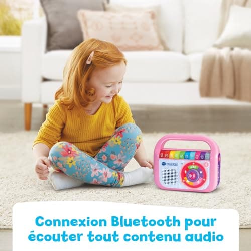 VTech - Music'Kid Rose, Baladeur Musical Enfant, Enceinte Bluetooth Lumineuse avec Comptines, Chansons Éducatives et Relaxantes, Enregistreur Vocal, Cadeau Enfant Dès 2 Ans - Contenu en Français
