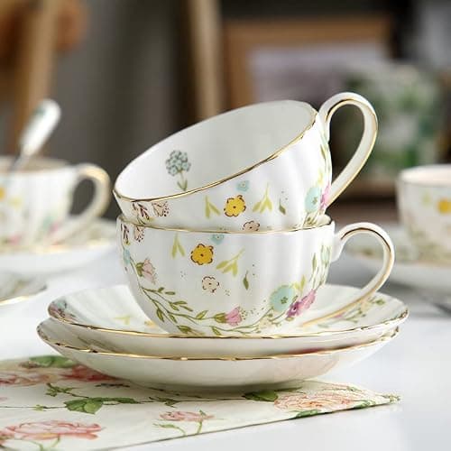 HUAMu Biene und Blumen Teetassen und Untertassen Keramik Teetasse Tasse Kaffee (1 Tasse und 1 Platte 1 cuillère)