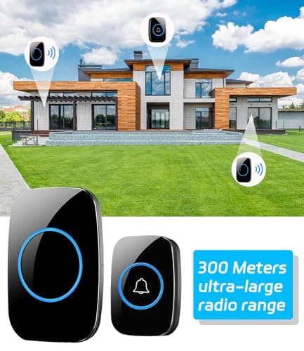 JOFLVA Sonnette Sans Fil,5 Niveaux Volumes 60 Mélodies Au Et Indicateur Led,300M Un Emetteurs Avec Un Récepteur Enfichable,Wireless Doorbell Niveau d'étanchéité IP55 Ensemble de étanche