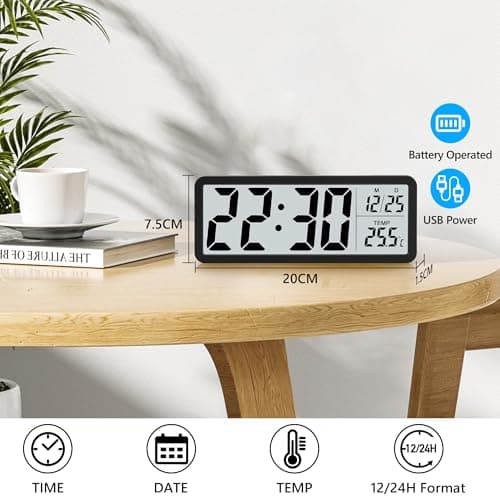Sukeen Horloge murale numérique à piles, horloge murale numérique avec grands chiffres, température, 12/24 heures, horloge de bureau, horloge numérique murale pour salon, chambre, bureau, école,