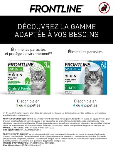 FRONTLINE Combo Chat - Anti Puces, Tiques & Poux - Contre Larves & Oeufs - Elimine & Tue - Protège L'Animal & L'Habitat - Jusqu'à 4 Semaines - Fabriqué En France - 3 Pipettes Application Spot On