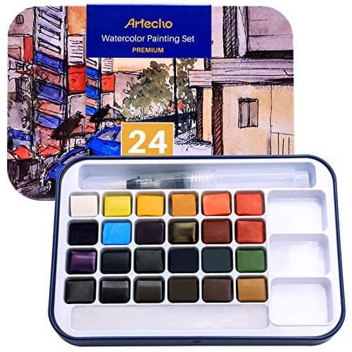 Artecho Lot de Peintures Pour Aquarelle Avec Pinceau Inclus, 24 Couleurs Eclatantes, Léger et Portable, Idée Cadeau Parfaite Pour les Artistes Débutants ou Professionnels
