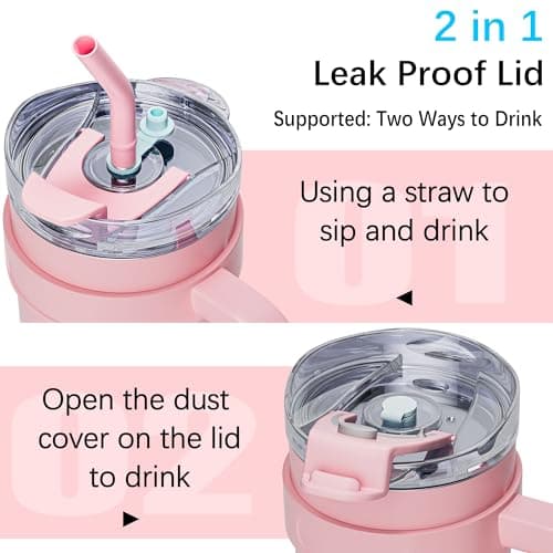 DAYMOO Mug isotherme avec paille et Poignée, Gobelet avec Paille et Couvercle, Tasse Thermos en Acier Inoxydable, Thermos Café Mug avec Couvercle, asse de Voyage Chaud ou Froid - 1.2 L, Rose Blanc