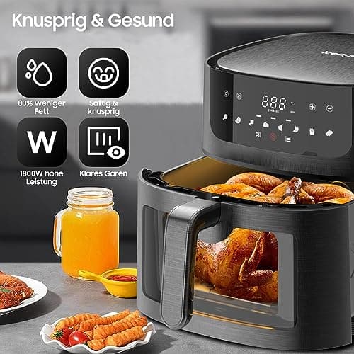 Iceagle Friteuse Sans Huile 9L XXL – 1800W Friteuse à Air avec Grande Fenêtre | Airfryer avec écran Tactile LED, 8 Programmes, Shake-Mode, Livre de Recettes