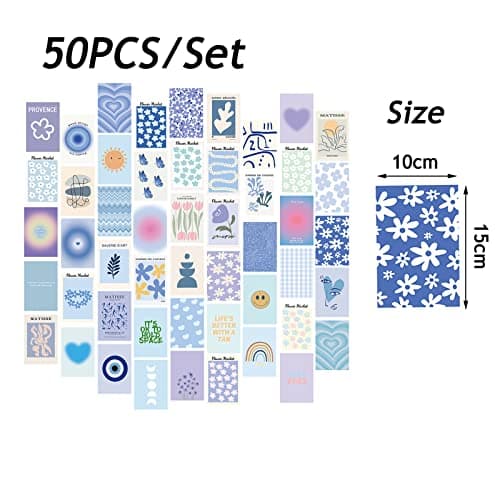 HsentimenH 50 Pièces Images Esthétiques de Collage Mural, Kit de Collage Mural Aesthetic Bleu, Impression de Collage de Carte, Décoration de Chambre pour Filles Chambre, Dortoir, Affichage de Photos