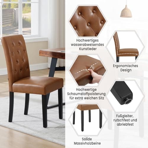 WOLTU Lot de 4 Chaises de Salle à Manger, Chaise de Salon avec Dossier Haut, Chaise de Cuisine Rembourrée, Chaise en Similicuir avec Pieds en Bois Massif, Marron, EZS20br-4