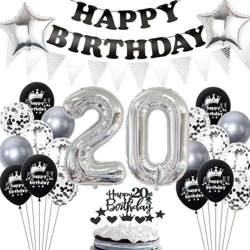 Noir Argent Décoration 20 ans anniversaire,Ballon 20 ans anniversaire Argent Noir,Ballon 20 ans anniversaire Femme,Décoration fête 20 ans,Décoration anniversaire 20 ans Homme Noir Argent