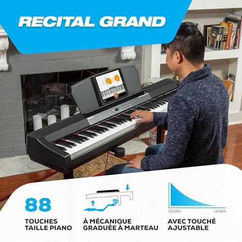 Alesis Recital Grand – Piano numérique 88 touches de taille authentique à mécanique graduée à marteau, 16 sons de clavier piano et enceintes intégrées