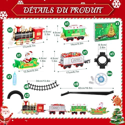 BuzzoXerex Train Electrique Noel, Train de Noel Electrique pour Sapin avec Guirlandes Lumineuses LED Bleues, Train Electrique Enfant avec Spray et Son