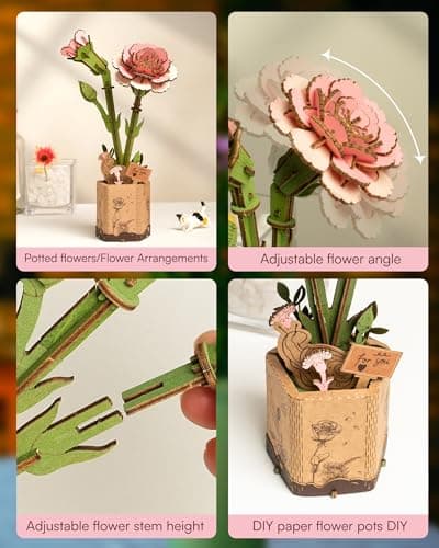 ROBOTIME Fleurs Artificielles Deco, Puzzle 3D Bois, Maquette en Bois a Construire, Construction Adulte, Cadeaux Anniversaire Femmes pour la Saint-Valentin & Décoration d'intérieur, TW051