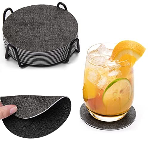 Chitomars Dessous de Verre en Cuir Lot de 12, Double Face Lavable sous-Verre Rond Antidérapant Résistant à la Chaleur Dessous de Verre pour Fêtes, Maison, Bureau et Plus (Gris Noir, Rond)