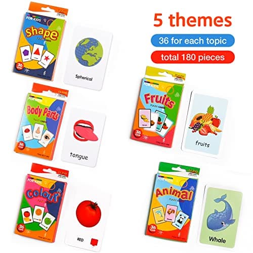 180 Cartes Flash pour Bébé, Cartes Animaux pour Enfants, Carte de Jouet d'apprentissage pour Promouvoir Le Vocabulaire de Base (Animaux,Fruits,Pièces du Corps,Couleurs,Forme)