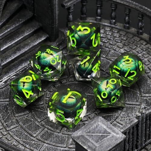 FONVGOGO Dés JDR Dés Jeu de Role pour Donjon et Dragon, Set de Dés JDR 7 Pièces Dés Œil de Dragon Mobile des Noyau Liquide Résine Polyédriques DND Dice Set (Vert)