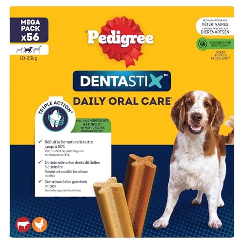 PEDIGREE DENTASTIX Sticks Bucco-Dentaires pour Moyen Chien 10-25kg - 56 Bâtonnets à Mâcher (Lot de 8 Sachets de 7 Friandises) - Hygiène, Scientifiquement Prouvé, Nettoyage Dents au Quotidien
