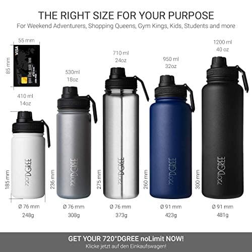 720°DGREE Bouteille Isotherme noLimit – 410ml | Gourde en Acier Inoxydable d'eau, thé, café, jus, Boisson Chaud ou Froid | Premium de Isolée sous Vide + Gratis Sport Couvercle