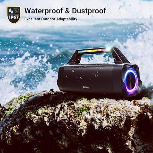 AKONE Enceinte Bluetooth Puissante, 80W Haut Parleur Bluetooth Basses Renforcées avec lumière, Double Appairage Stéréo Enceinte Portable, IP67 Étanche pour Extérieur,Fêtes,Plage,Camping
