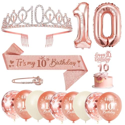 10 Ans Fille, Écharpe Couronne Anniversaire, Ballon Chiffre 10 Or Rose, Bougies, Gâteau Topper Happy Birthday, Cadeau 10e