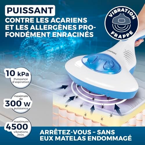 CLEANmaxx aspirateur à acariens avec lumière UV-C stérilisante | Aspirateur à Matelas avec Filtre HEPA, détruit 99,9% de Tous Les acariens | Nettoie et désinfecte en Une Seule étape