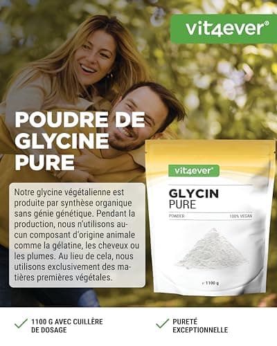 Glycine Pure - 1100 g (1,1 kg) de poudre pure sans additifs - Avec cuillère à mesurer - 100% acide aminé glycine - Vegan
