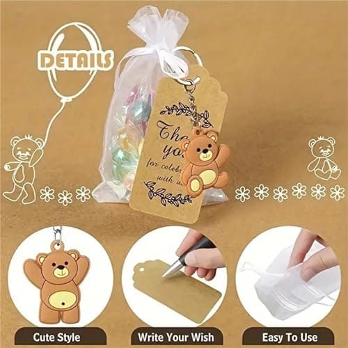 Lidzopas Lot de 18 porte-clés mignons en forme d'ours de la jungle avec étiquettes de remerciement en kraft pour sacs en organza pour décoration de fête d'anniversaire