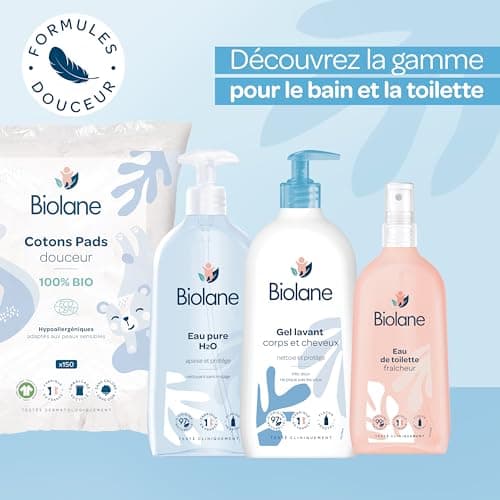 BIOLANE - Lot de 3 Cotons pads douceur - Bébé - 100% Bio - 150 Cotons - Peaux sensibles - Change & Toilette - Dès la naissance - Fabriqués en France