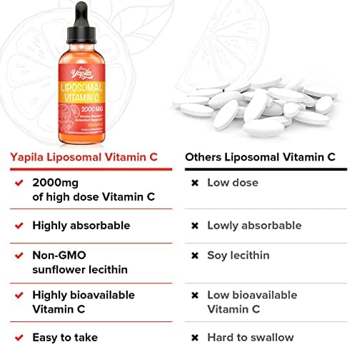 Vitamine C Liposomale 2000 mg Liquide Supplément, Absorption Maximale, Vitamin C Végétalienne Hautement Efficace, Acide Ascorbique, Non-GMO, Sans Gluten, Sans Soja