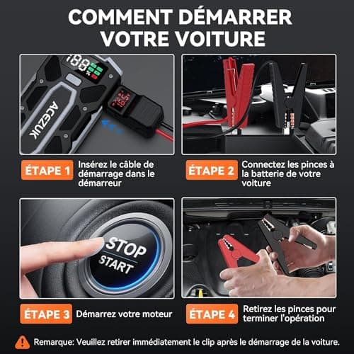 ACEZUK Booster Batterie Voiture 5000A, Démarreur de Batterie de Voiture Portable(Jusqu'à 8.0L Diesel ou 10.0L Gaz), 12V Jump Starter, Pinces Intelligentes avec Écran, Lumière LED, Port de QC3.0