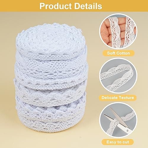 6 Rouleaux Dentelle Blanche, Ruban Dentelle Vintage DIY Dentelle Ruban, Ruban Dentelle Blanc, Ruban en Dentelle Vintage, Bordure en Dentelle pour Déco d'anniversaire Bricolage Artisanat, 4.5m/rouleau